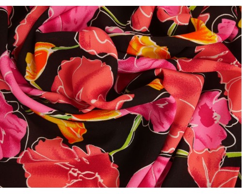 Panama Viscose Fabric - Pink Flower Drawings